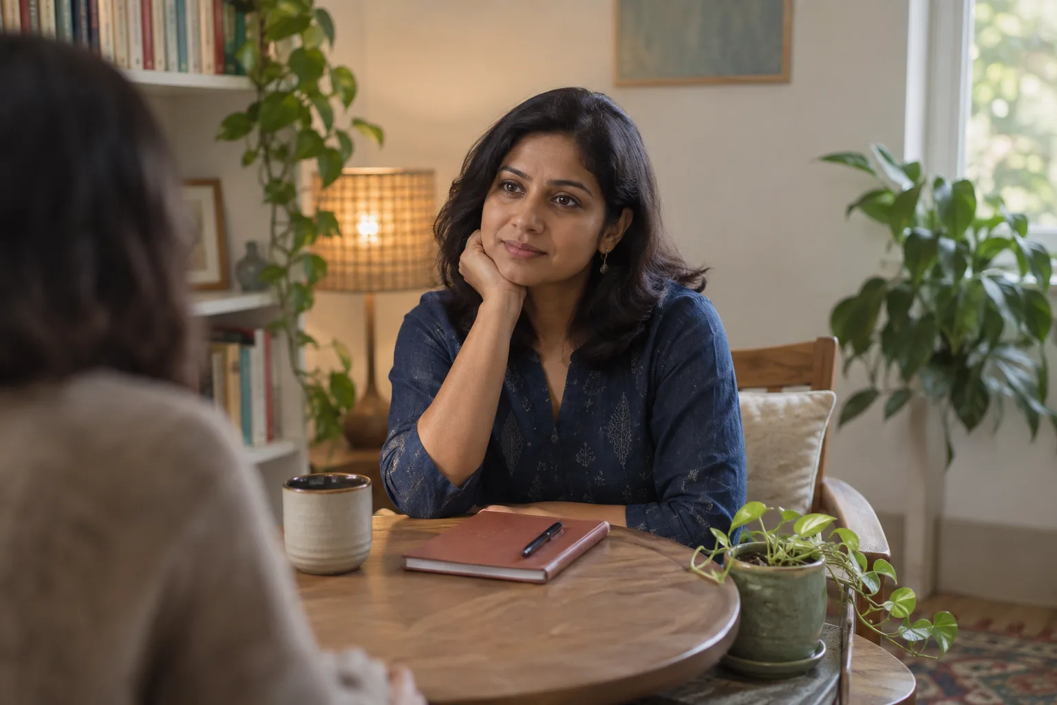A mental-health professional listening attentively across a small round table