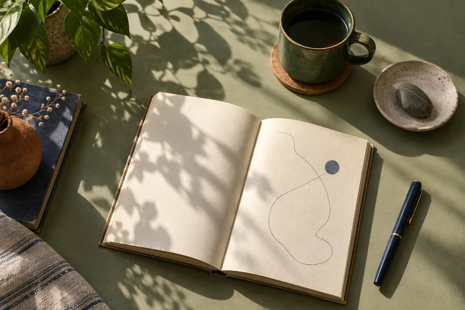 An open journal, cup, pen, and plant shadows on a sage desk
