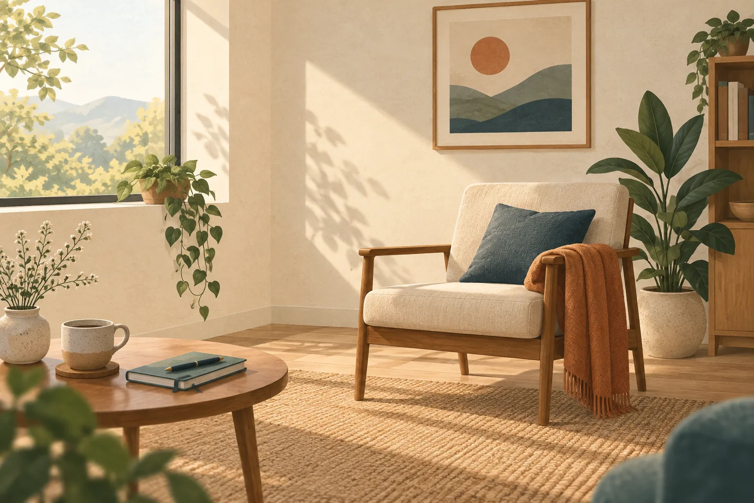 A calm room prepared for a first therapy appointment, with a notebook and chair.