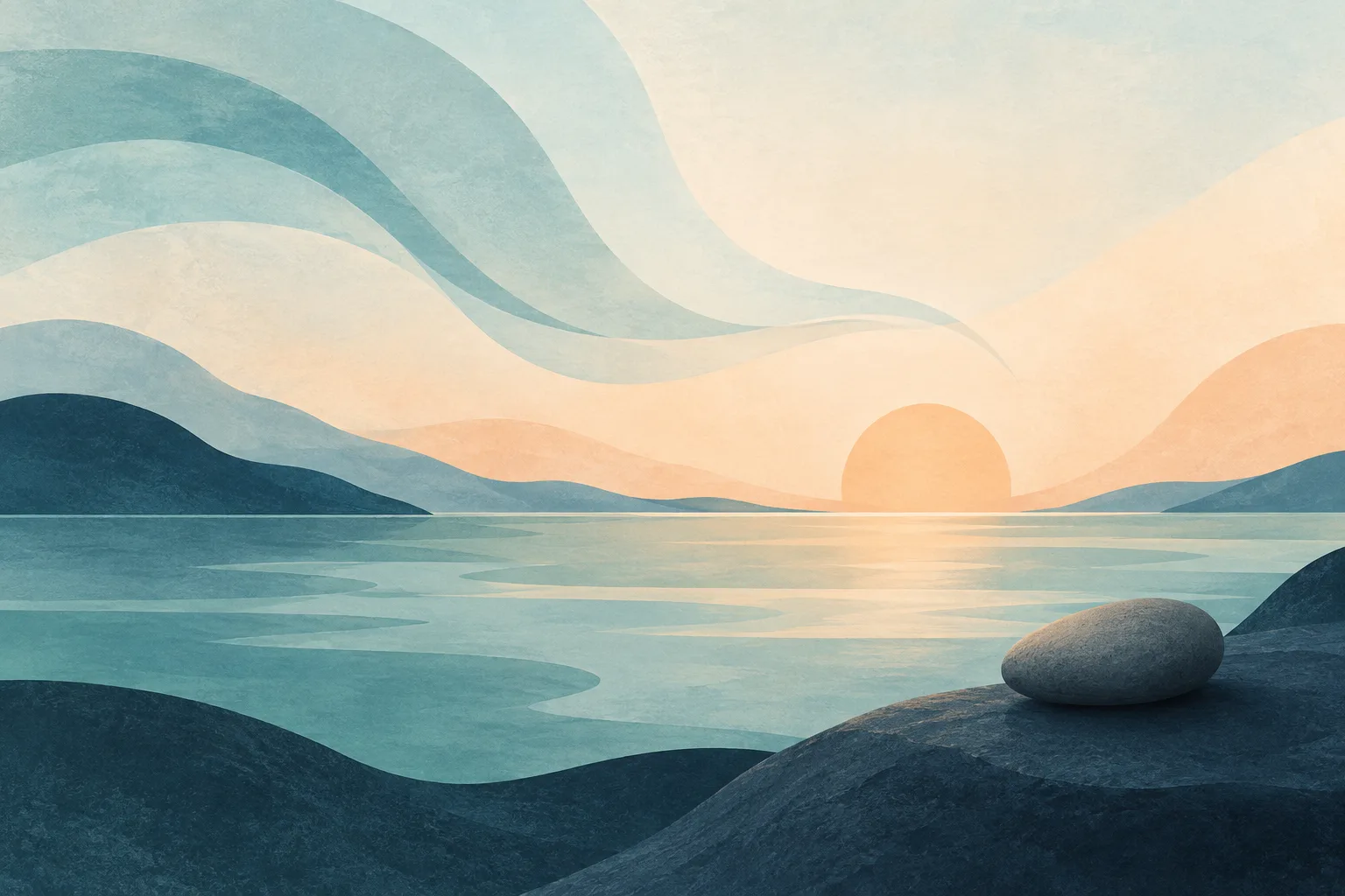 Abstract shapes, a horizon, and a grounding stone representing steadiness during a panic attack.