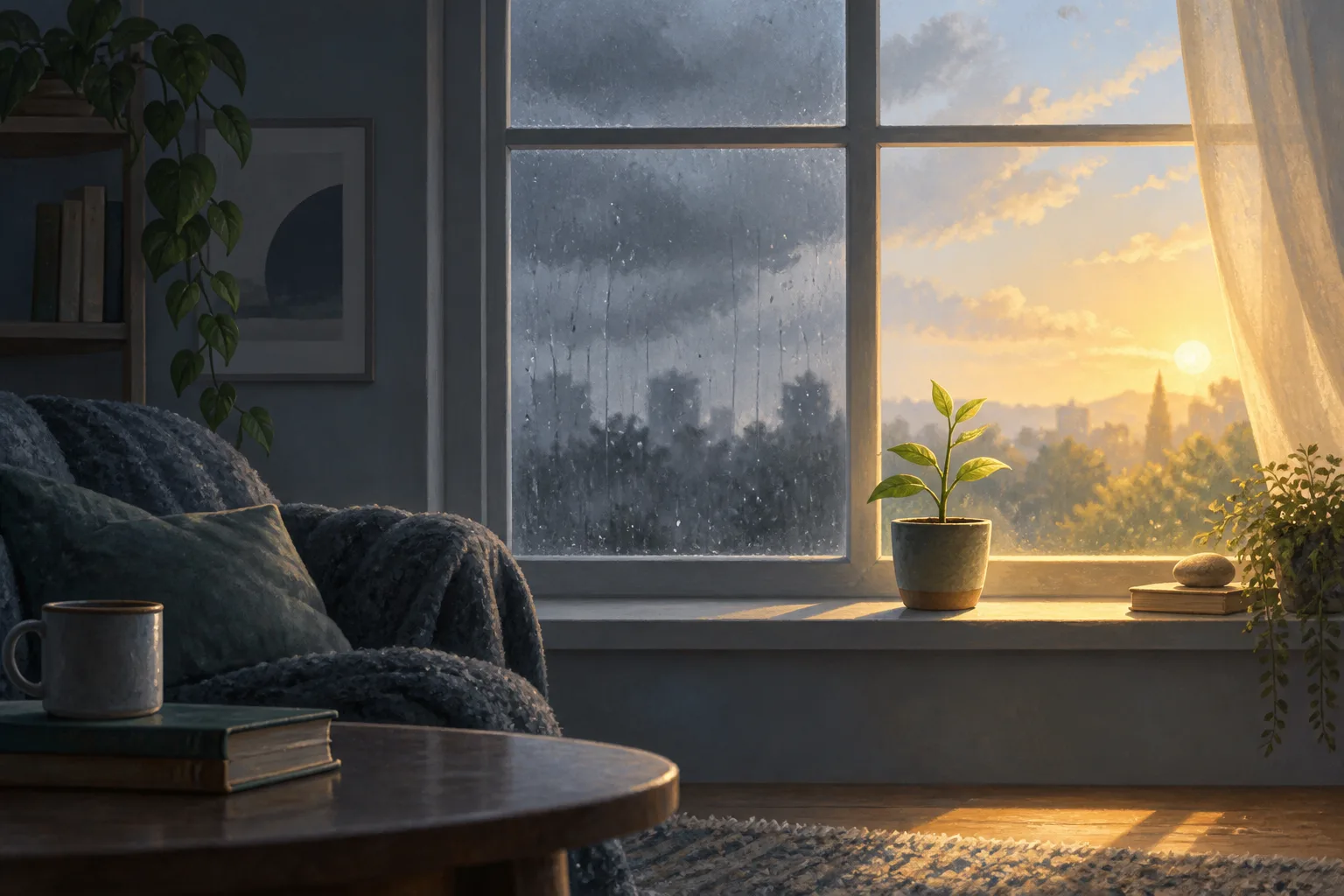 A window opening to soft light beside a small growing plant, representing depression and support.