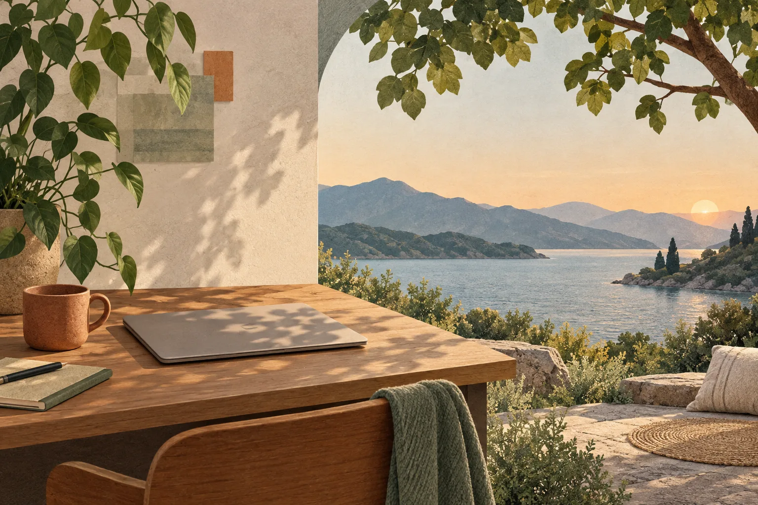 A closed laptop and leafy shade represent recovery from workplace burnout.