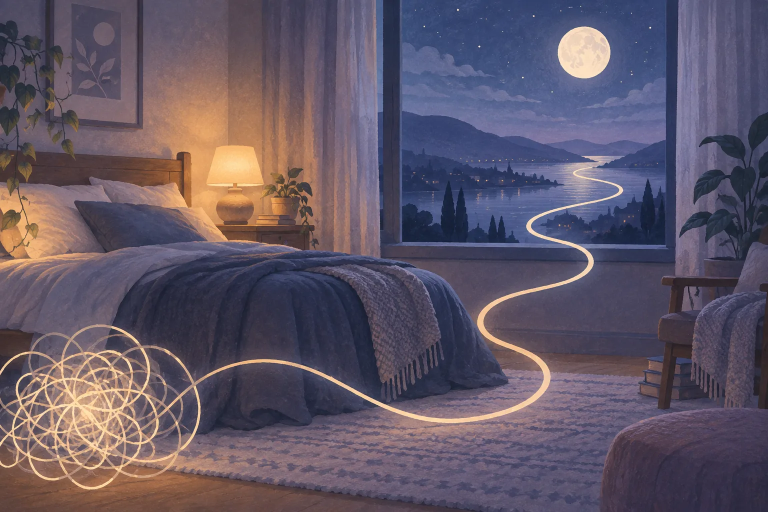 A moonlit room and winding path represent the relationship between sleep and mental health.