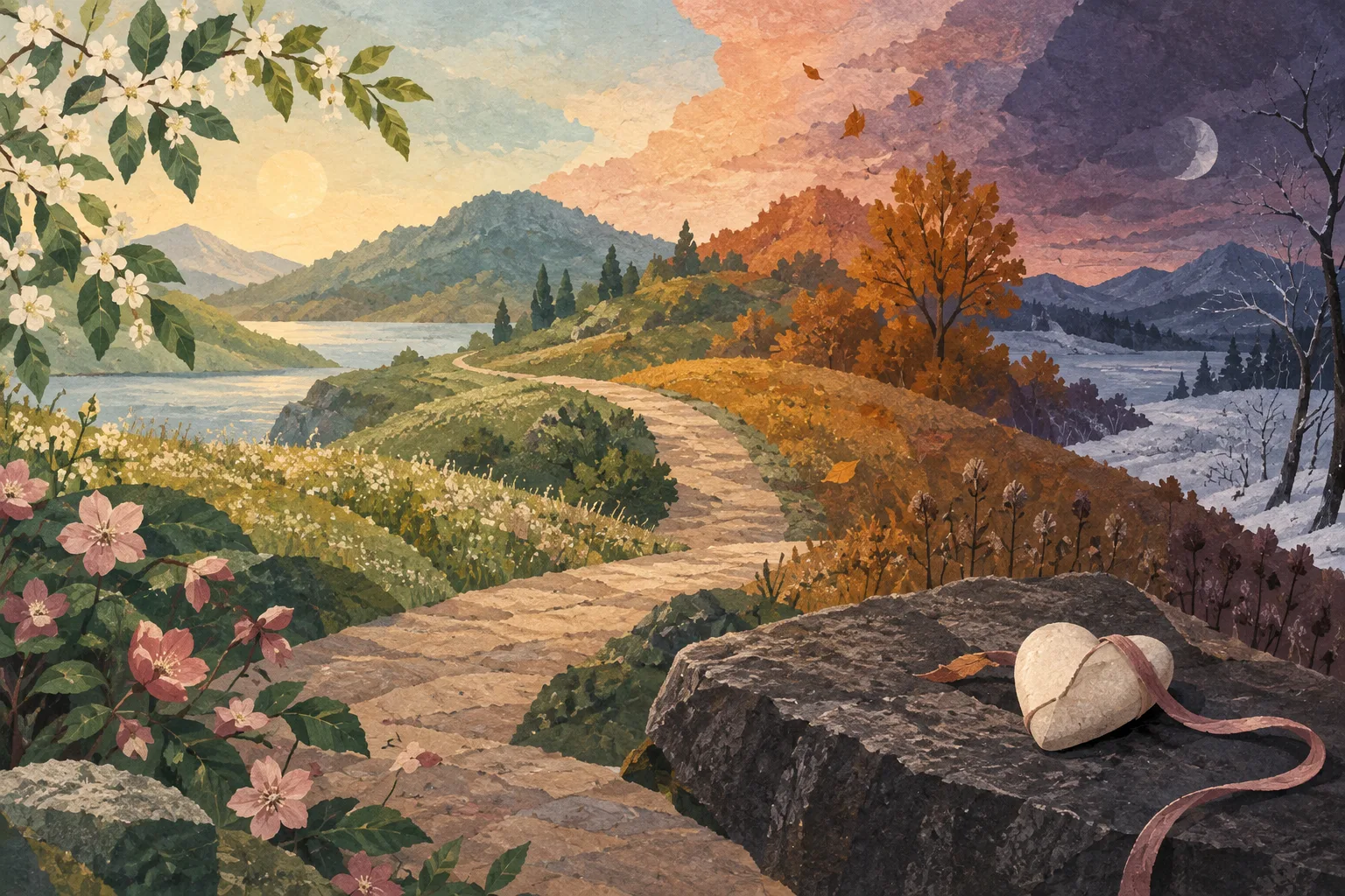 A changing-season landscape and a simple path represent the non-linear nature of grief.