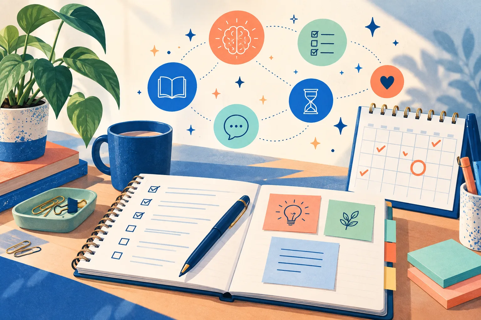 A constellation of notes and focus points represents preparing for an adult ADHD assessment.