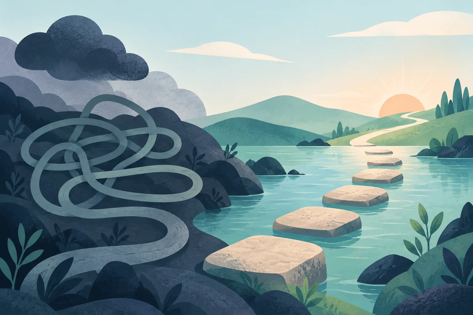 A looping path becomes stepping stones, representing CBT skills for everyday anxiety.