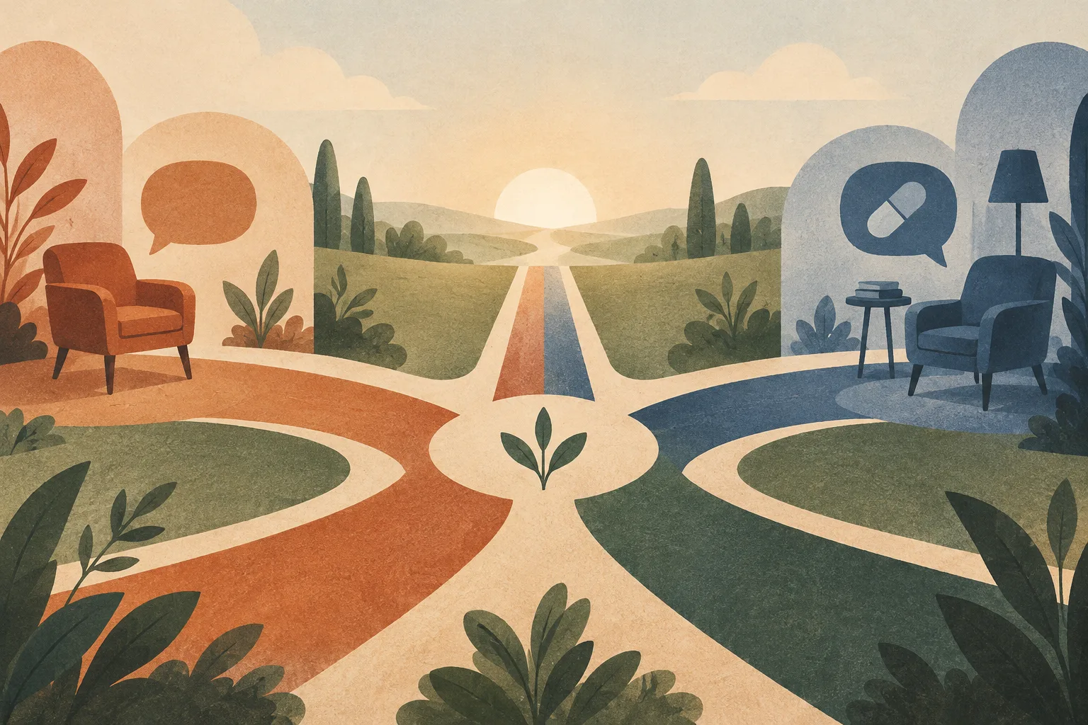 Three complementary paths meet at a welcoming crossroads, representing care options.