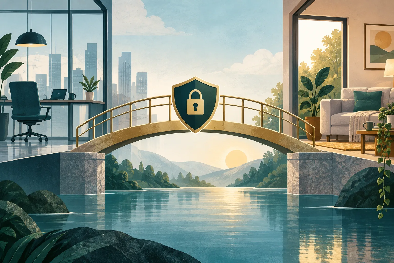 A secure bridge between office and home represents workplace mental health support and privacy.