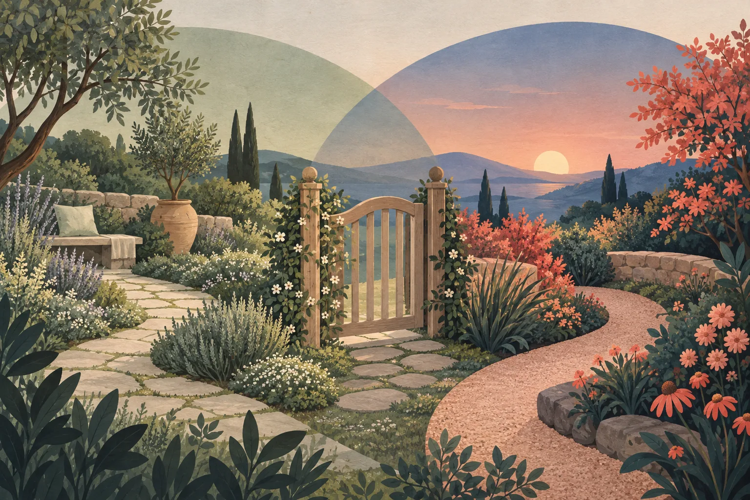Two overlapping gardens with a clear gate represent healthy boundaries in close relationships.