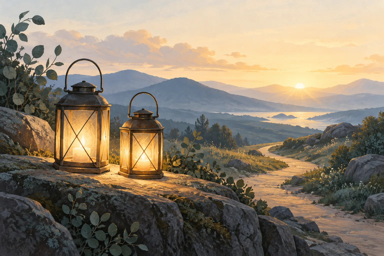 Two lanterns sharing light along a path represent supporting someone without carrying everything alone.